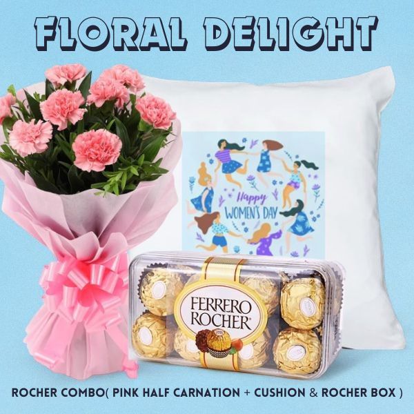 Rocher Combo ( Pink Half Carnation + Women's Day Themed Cushion & Rocher Box ) - Flowers to Nepal - FTN