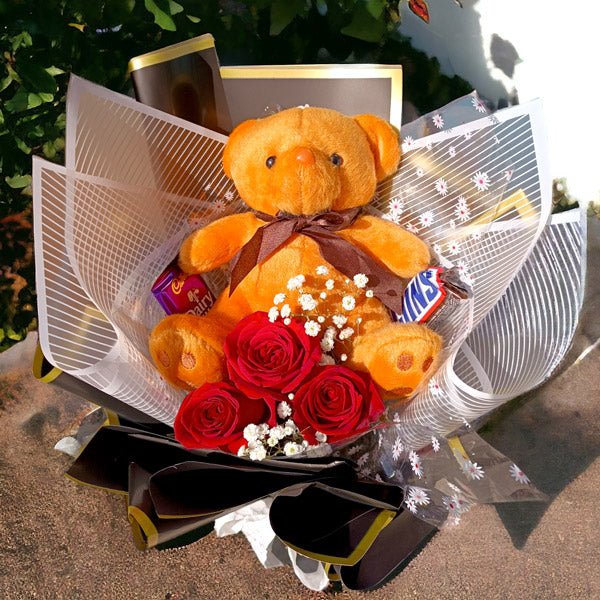 Romantic Bouquet With Teddy, Roses and Chocolates - Flowers to Nepal - FTN