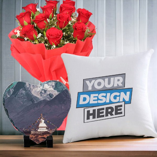 Romantic Roses Bouquet With Personalized Photo Frame & Cushion - Flowers to Nepal - FTN