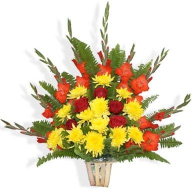 Rose, Godawari & Red Gladiolus Flowers Basket - Flowers to Nepal - FTN