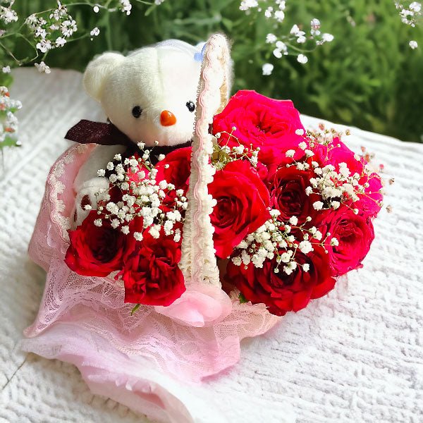 Roses Basket With Cute Teddy Bear Gift - Flowers to Nepal - FTN