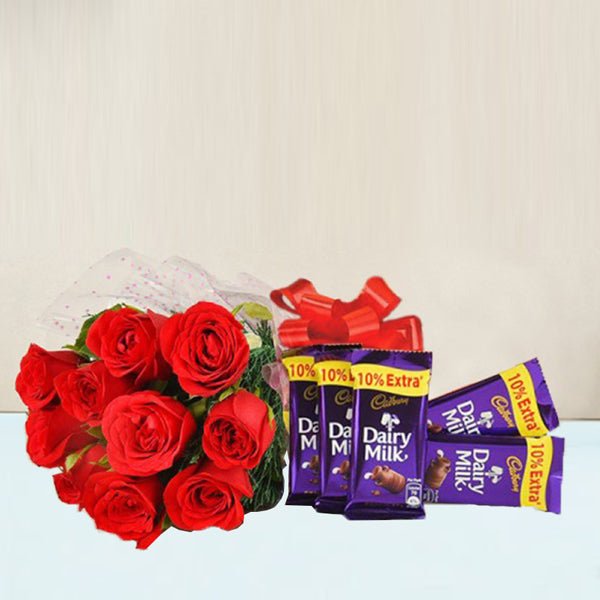 Roses Bouquet & Dairy Milk Chocolates Combo - Flowers to Nepal - FTN