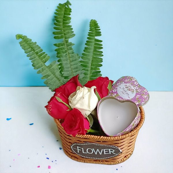 Roses & Candle In Elegance Basket - Flowers to Nepal - FTN