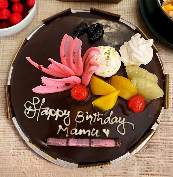 Round Chocolate Cake For Birthday- Beautifully Garnished - Flowers to Nepal - FTN