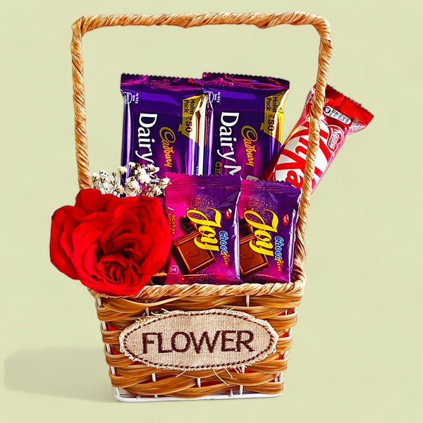 Single Rose With Chocolates in a Basket - Flowers to Nepal - FTN