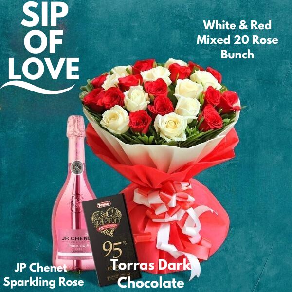 Sip of Love (20 Mixed Flowers Bunch with Torras and JP Chenet Combo) - Flowers to Nepal - FTN
