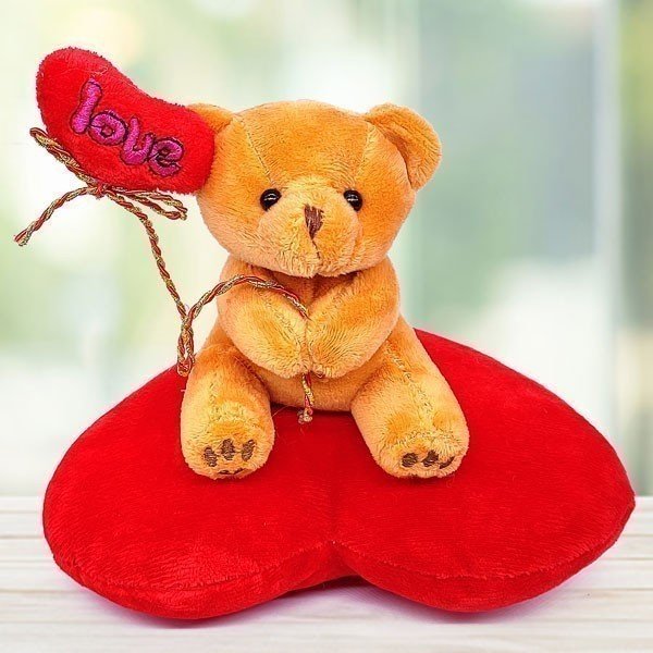 Sitting Brown Teddy Bear with Love Heart Cushion - Flowers to Nepal - FTN