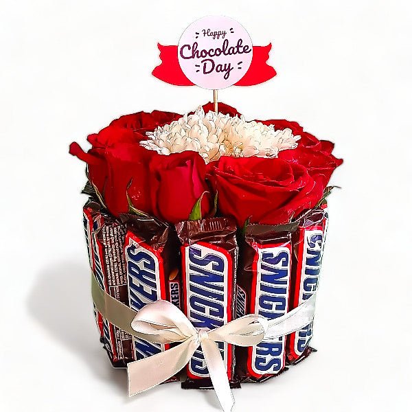 Snickers Infused Bouquet with Roses and Gerbera Blooms - Flowers to Nepal - FTN