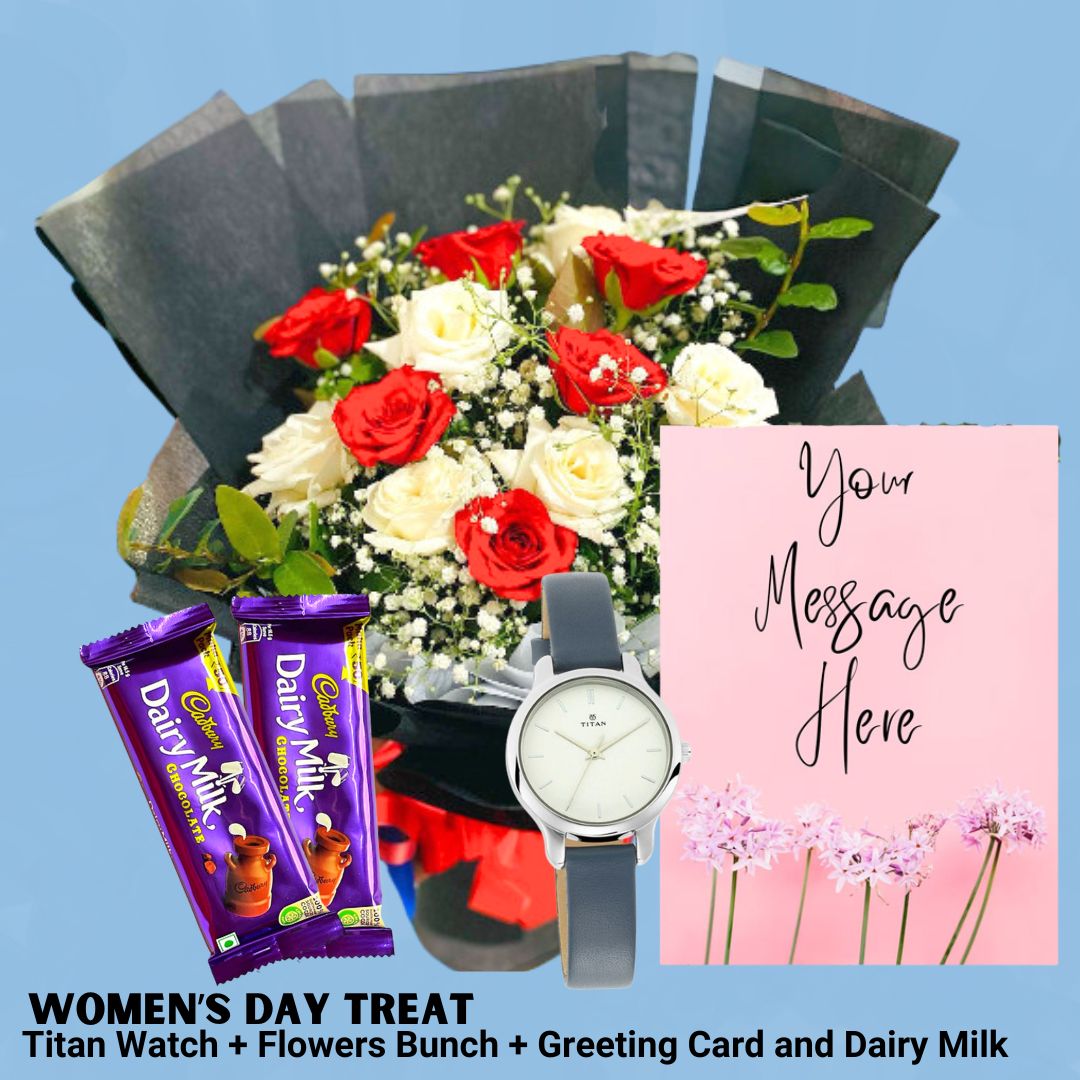 Special Women's Day Treat ( Titan Strap Watch, Flowers Bunch, Personalised Card and Dairy milk ) - Flowers to Nepal - FTN