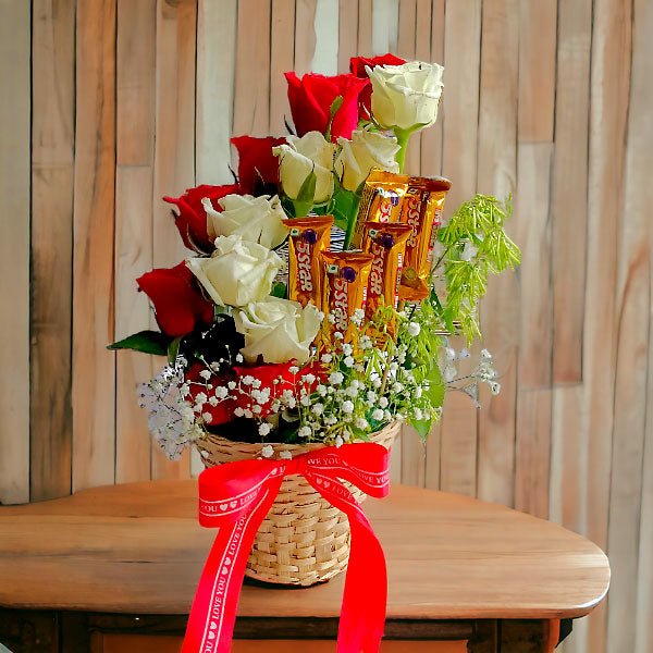 Stunning Roses & Chocolates Gift In Basket - Flowers to Nepal - FTN
