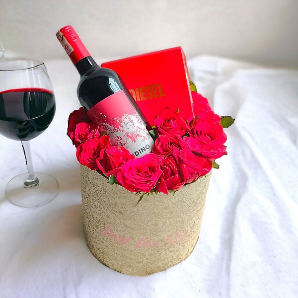 Sweet Red Wine With Roses Combo In A Round Box - Flowers to Nepal - FTN