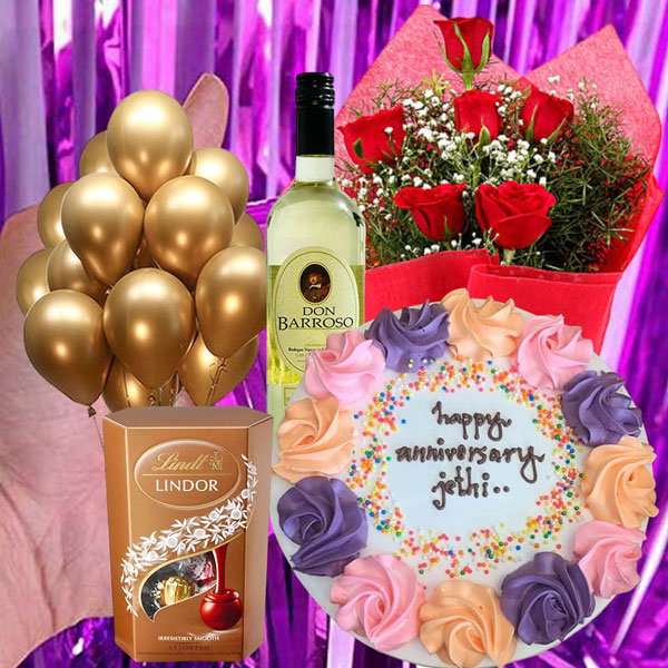 Sweet Wine Hamper With Cake, Balloons & Roses - Flowers to Nepal - FTN