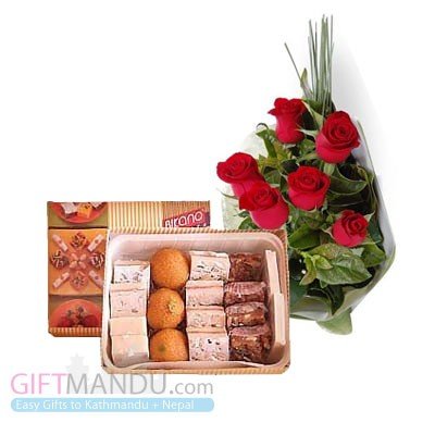Sweets Assortment And Flower Bunch - Flowers to Nepal - FTN