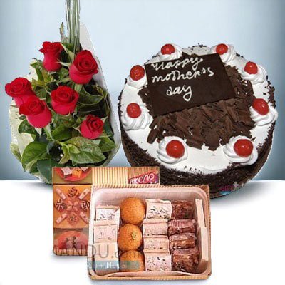 Sweets Assortment, Black Forest Cake 1lb And Flower Bunch - Flowers to Nepal - FTN