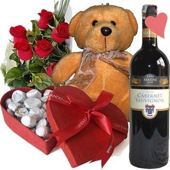Teddy Bear, Chocolates Box, Roses & Wine - Flowers to Nepal - FTN