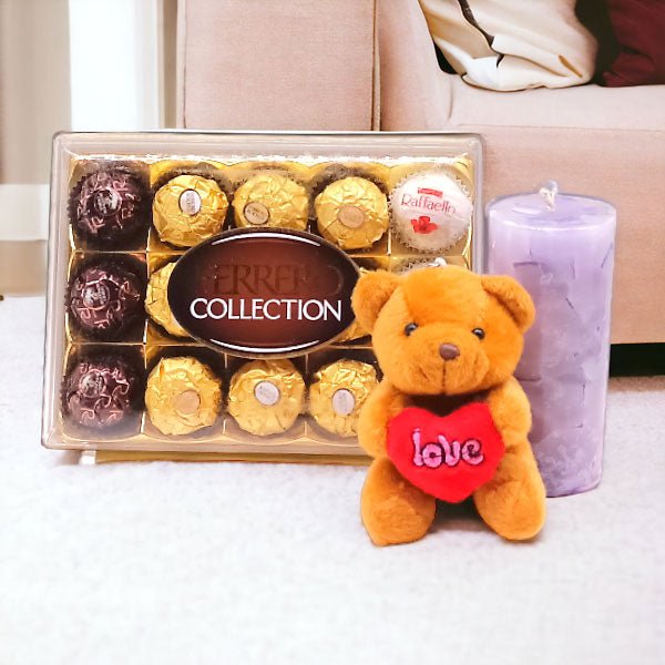 Teddy Bear, Ferrero & Candle Gift Set - Flowers to Nepal - FTN