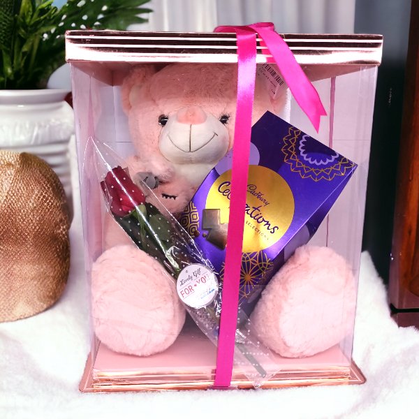 Teddy Bear With Single Rose & Cadbury Celebration Hamper - Flowers to Nepal - FTN