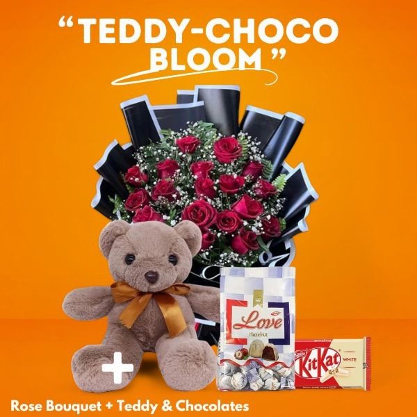 Teddy Choco Bloom ( Teddy, Chocolates & Rose Bouquet) - Flowers to Nepal - FTN