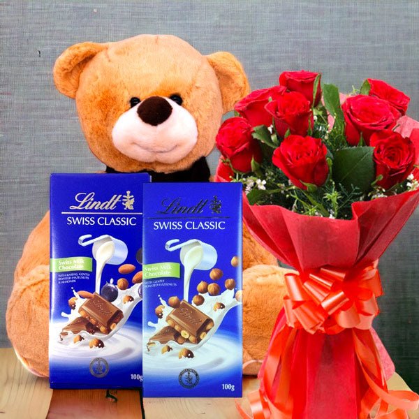 Teddy Combo With Rose & Lindt Chocolates - Flowers to Nepal - FTN