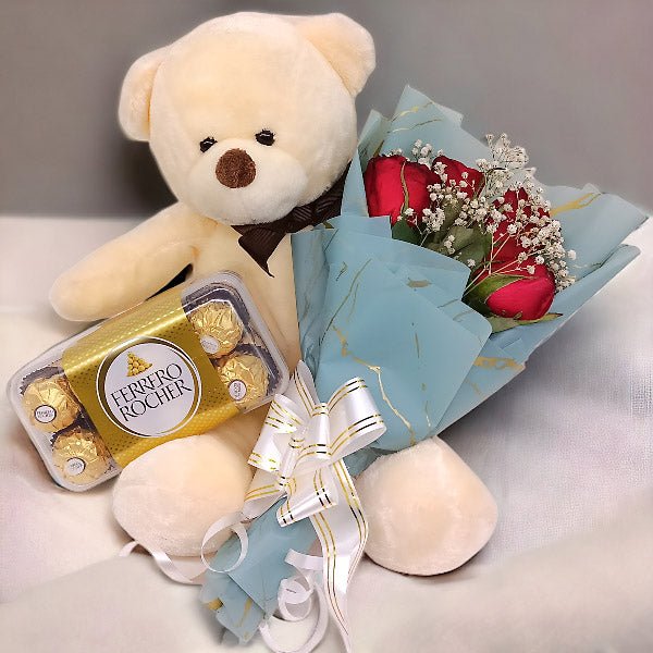 Teddy Gift With Red Roses Bunch & Chocolate Hamper - Flowers to Nepal - FTN