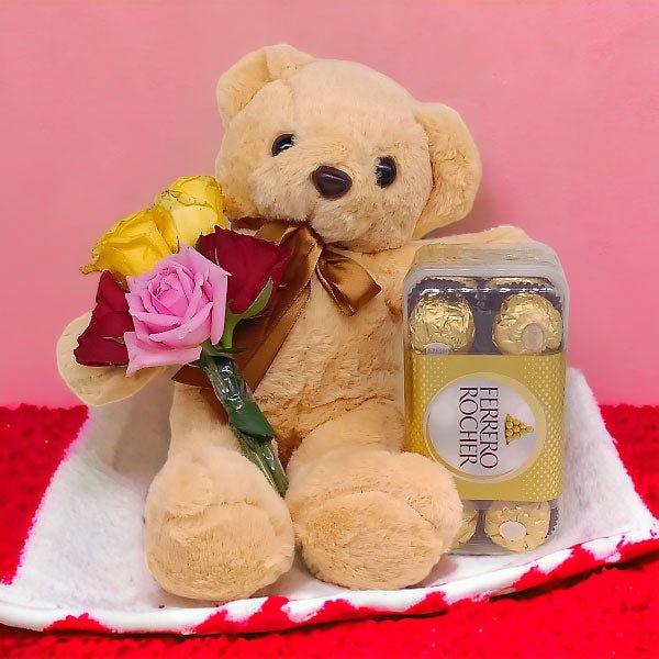 Teddy With Ferrero Chocolate & Roses Combo - Flowers to Nepal - FTN