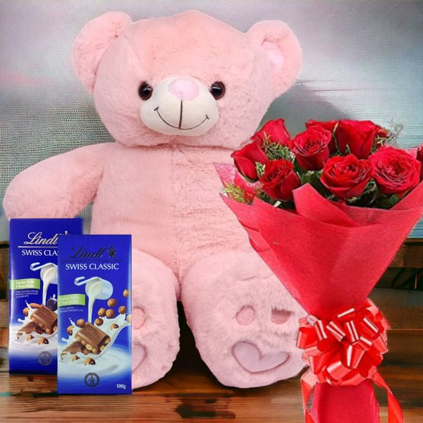 Teddy With Lindt Chocolates & Bunch Of Roses - Flowers to Nepal - FTN