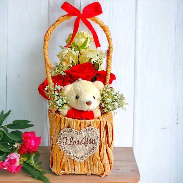 Teddy With Mix Roses In Flower Basket - Flowers to Nepal - FTN