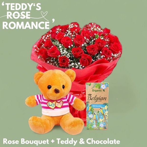 Teddys Rose Romance (Bouquet of Roses, Teddy bear & Sweets) - Flowers to Nepal - FTN