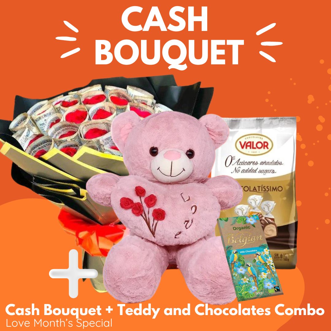 Valentine's Combo Cash Bouquet ( Cute Teddy, Chocolate Bar and Bouquet ) - Flowers to Nepal - FTN