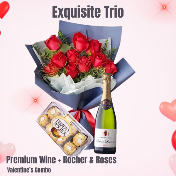 Valentine's Combo With Premium Wine, Rocher and Roses Bunch - Flowers to Nepal - FTN