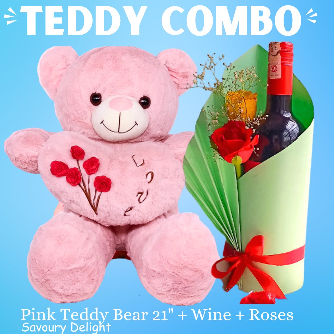 Valentine's Combo with Teddy Bear, Wine and Roses Savoury Delights - Flowers to Nepal - FTN