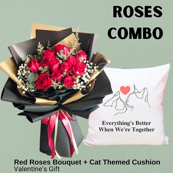 Valentine's Gift ( 12 Roses Bouquet, Cat Themed White Cushion ) - Flowers to Nepal - FTN