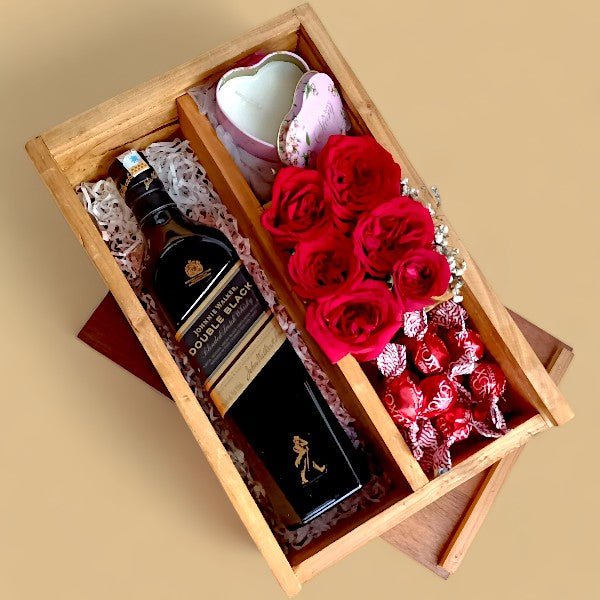 Valentines Gift For Him ( Jw whisky 750ml, roses, candle and miniature sweet ) - Flowers to Nepal - FTN