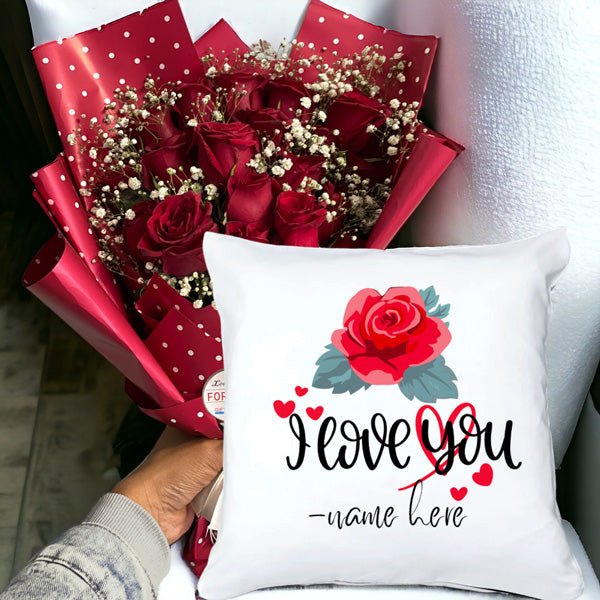 Valentine's Personalised Cushion and Roses Bunch Combo - Flowers to Nepal - FTN