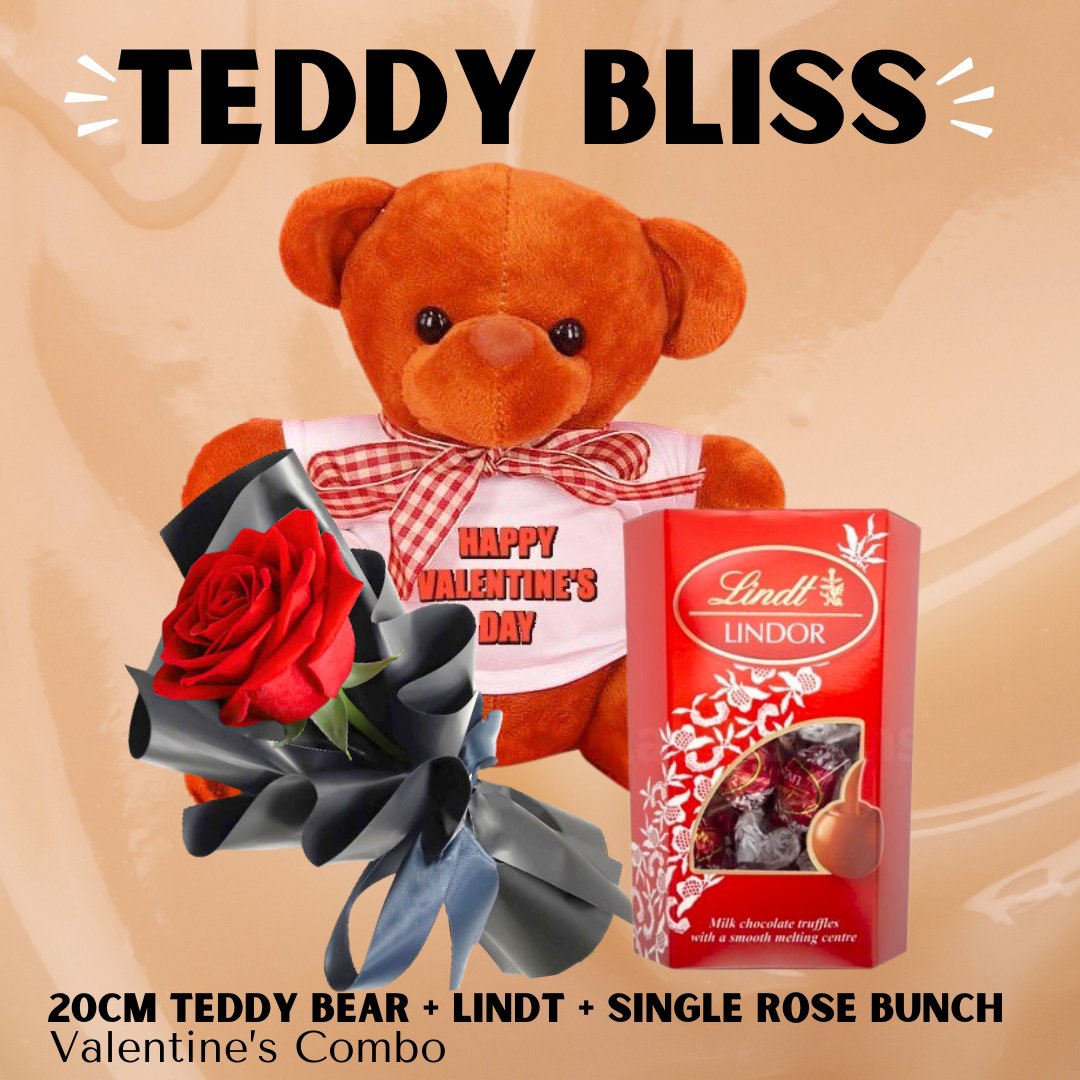 Valentine's Special (20 cm Teddy Bear + Lindt Lindor + One Rose Bunch) - Flowers to Nepal - FTN