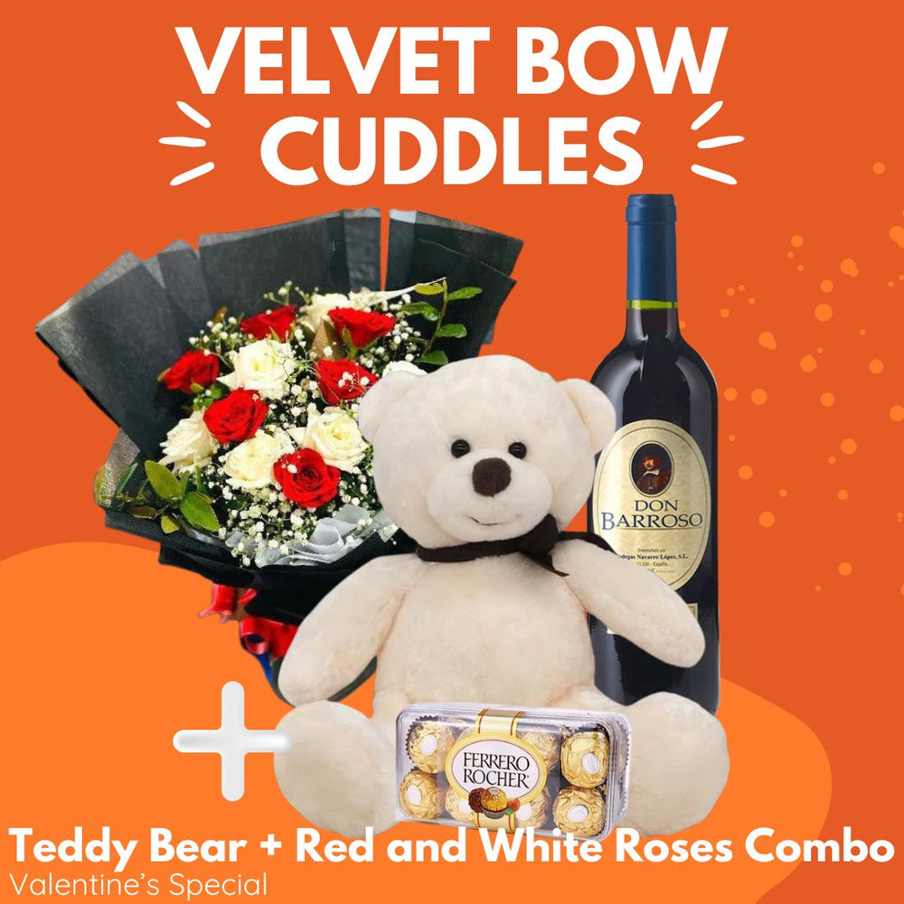 Velvet Bow Cuddle Combo (Red and White Roses, Rocher and Cream Teddy Bear) - Flowers to Nepal - FTN