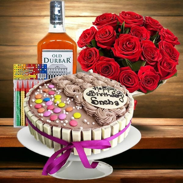 Whisky With Cake, Sparkling Candle & Rose Bunch - Flowers to Nepal - FTN