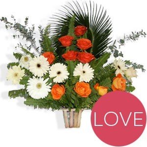 White Gerbera & Red Roses Love Basket - Flowers to Nepal - FTN