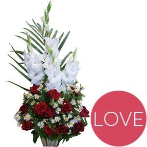 White Gladious & Red Roses Love Basket - Flowers to Nepal - FTN