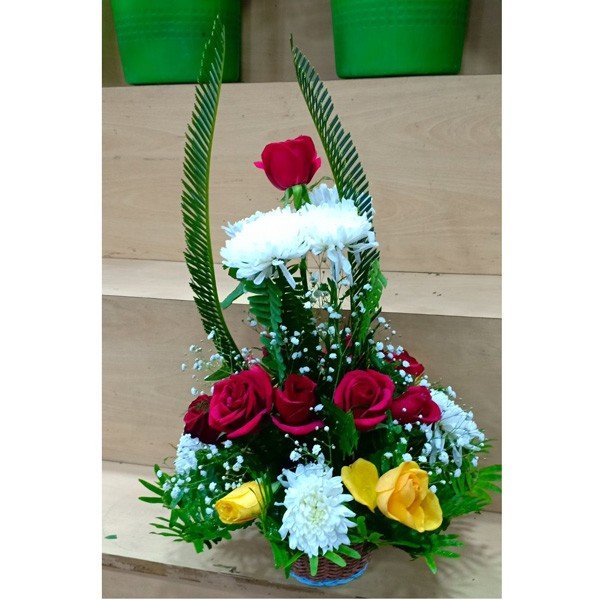 White Godawari With Mix Roses in Basket - Flowers to Nepal - FTN