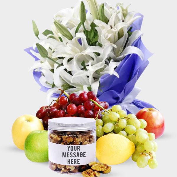 White Lilies With Fruits & Walnuts Jar - Flowers to Nepal - FTN