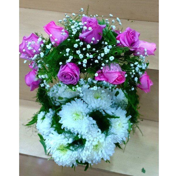 White & Purple Flowers Impressively Arranged In Basket - Flowers to Nepal - FTN