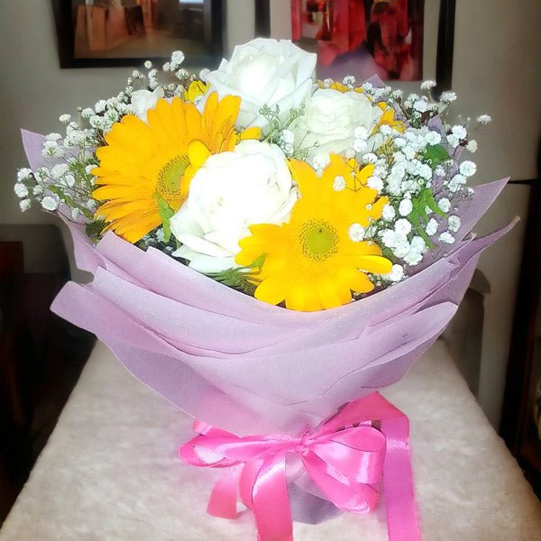 White Rose, Gerbera Daisy Flower With Gypsy Bouquet - Flowers to Nepal - FTN