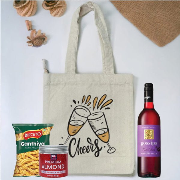 Wine And Snacks With Stylish Tote Bag Combo - Flowers to Nepal - FTN