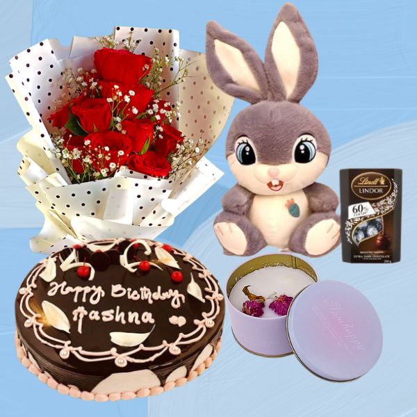 Woman's Wonders Assortment ( Chocolate Cake 2lbs, Bunch, Rabbit Toy, Candle & Lindt Lindor ) - Flowers to Nepal - FTN