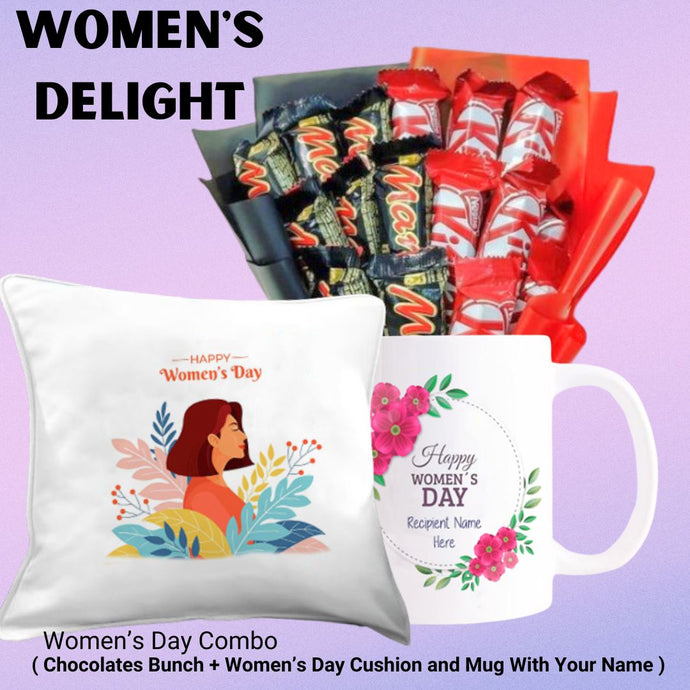 Women's Day Combo ( Chocolates Bunch, Women's Day Print Cushion and Mug with Your Name ) - Flowers to Nepal - FTN