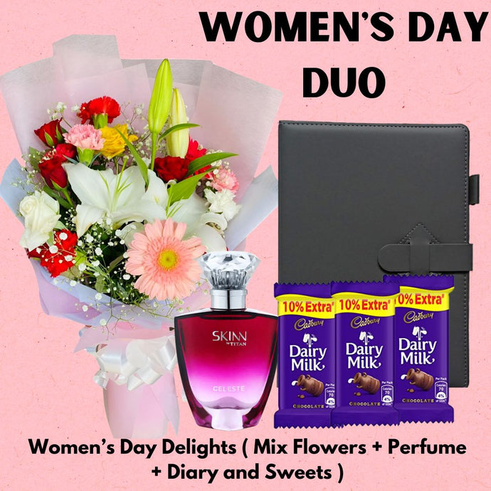 Women's Day Delights Combo ( Mix Flowers + 50 ml Perfume + Diary and Sweets ) - Flowers to Nepal - FTN