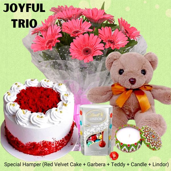 Women's Day Joyful Treat ( Red Velvet Cake, Gerbera, Teddy, Candle and Lindor ) - Flowers to Nepal - FTN