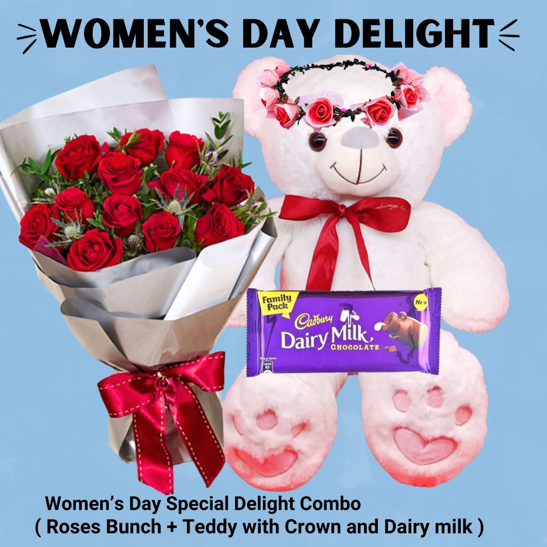 Women's Day Special Delight Combo ( Roses Bunch + Teddy with Crown and Dairymilk 123g ) - Flowers to Nepal - FTN