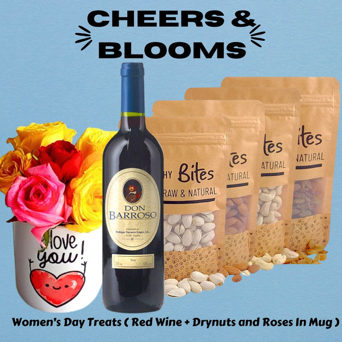 Women's Day Treats ( Red Wine 750ml + Dry Nuts and Roses in a Mug ) - Flowers to Nepal - FTN